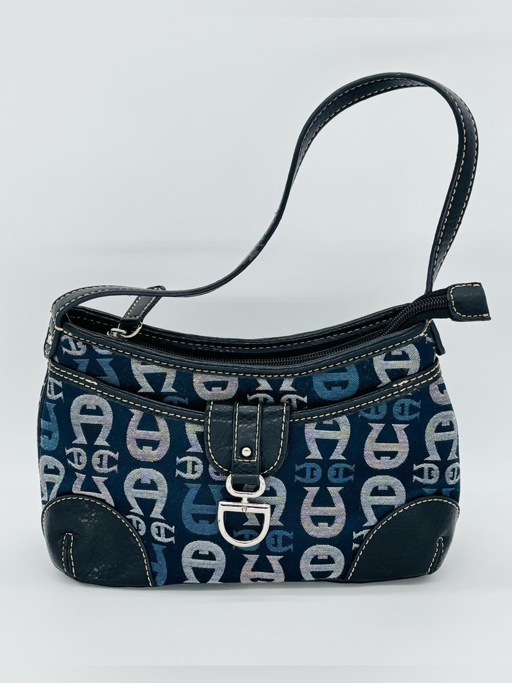 Vtg Aigner Logo Jacquard Shoulder Bag Navy Blue Monogram Y2K Purse Logo Mania